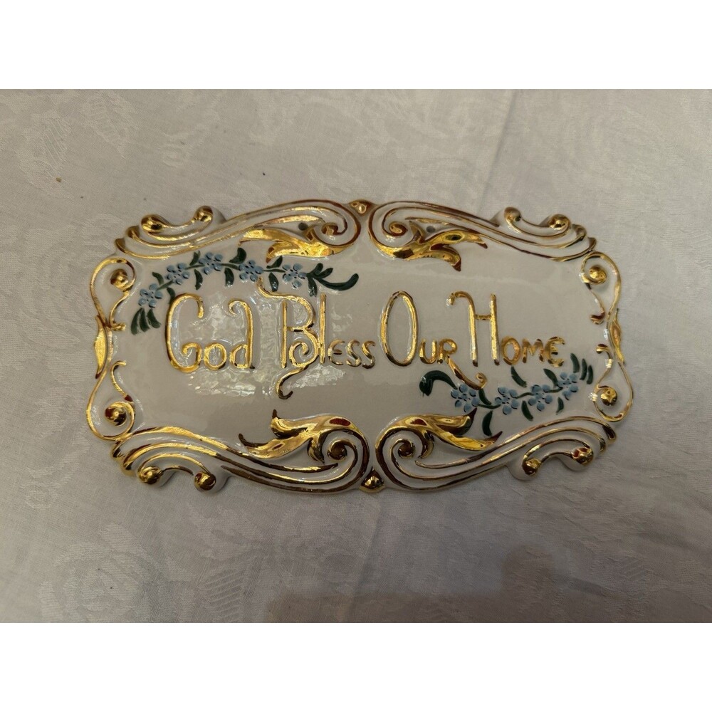 VTG God Bless Our Home 8" GOLD Scalloped Edge Plate -HAND PAINTED
